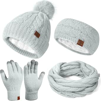 Women's Beanie Hat Infinity Scarf Touchscreen Gloves Fleece Headband 4-in-1 Winter Clothes Set Gifts for Women
