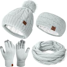 Womens Beanie Hat Infinity Scarf Touchscreen Gloves Fleece Headband 4 in 1 Winter Clothes Set Gifts for Women