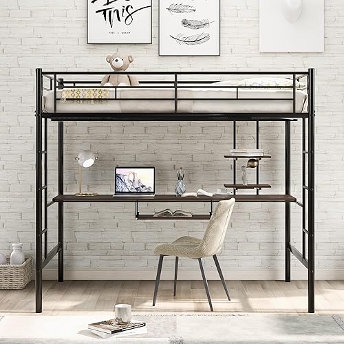 Miniatura 10 de Merax Cama tipo loft de metal de tamaño matrimonial con escritorio integrado de 55.5 pulgadas de largo y estantes de almacenamiento, marco de cama