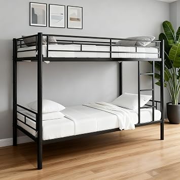 Bunk Bed Twin Over Twin, Metal Bunk Beds with Built-in Ladder and Safety Guardrail, Detachable 2 Twin Bed for Teens & Adults, Space-Saving Bunkbeds for Dorm, Bedroom, Apartment Black, Twin-01