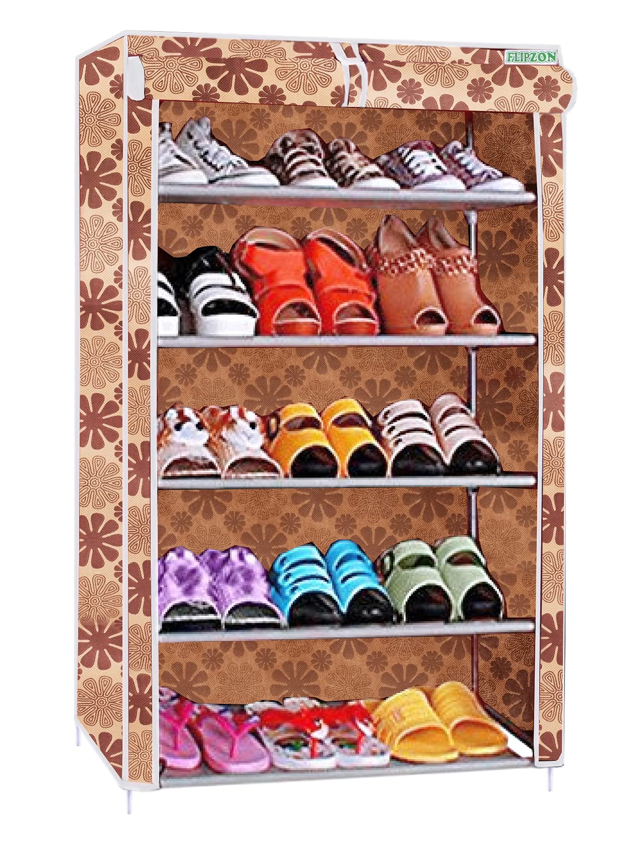 FLIPZON Multipurpose 5 Shelves Shoe Rack with Zip Door Cover & Side Pockets, Multiuse Wide Shelve Storage Rack for footwear, Toys, clothes with Dustproof Cover (5 Shelves) (Biege) (B09BZMPPSX) Amazon Price History, Amazon Price Tracker
