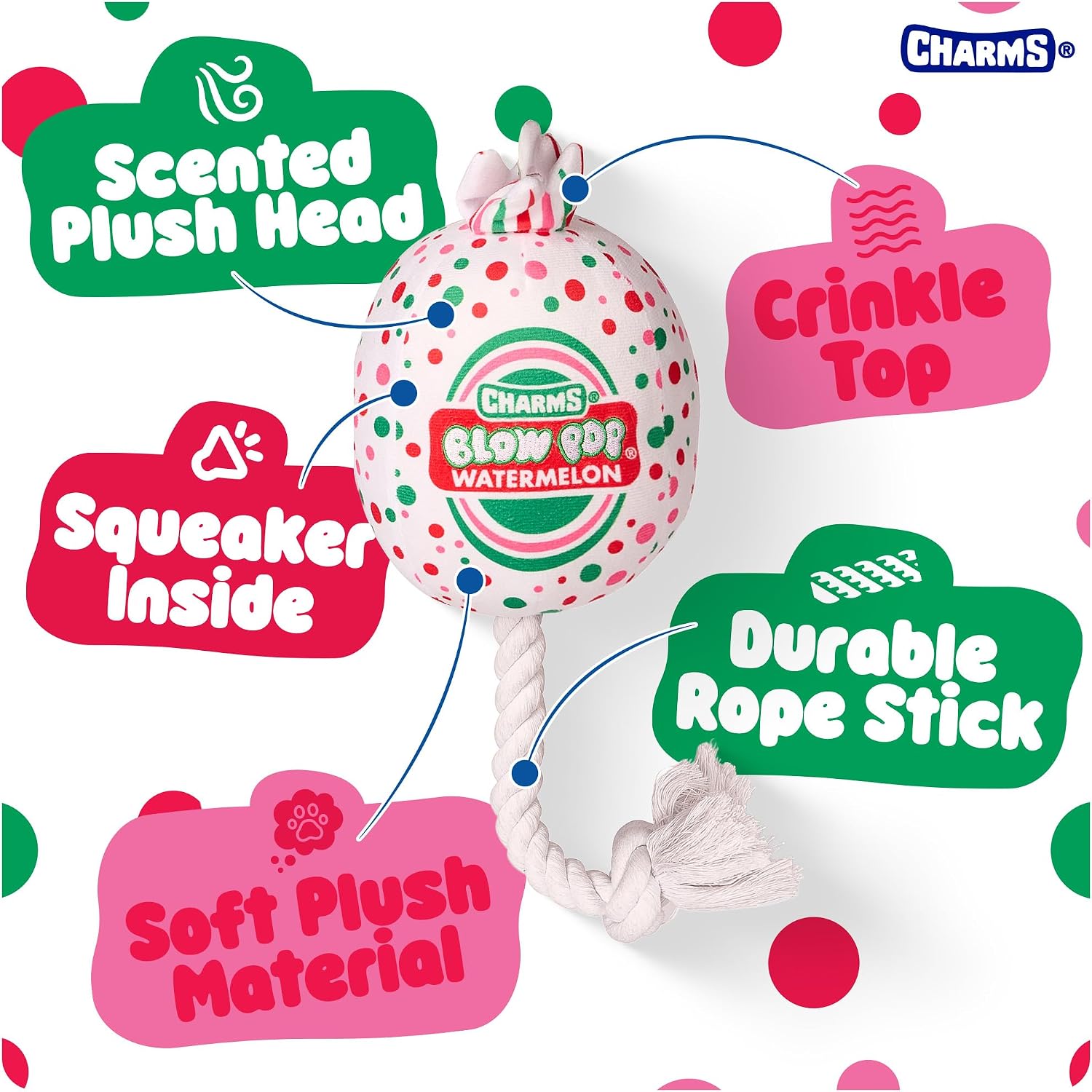 Blow Pop Plush & Rope Dog Toy – Scented Squeaky Plush with Durable Rope Stick – Tug, Fetch & Chew Toy for Dogs – Available in Jumbo & Medium Sizes – Apple, Cherry, Grape & Watermelon image 2