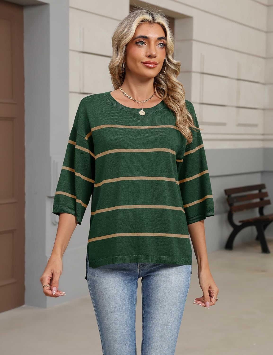 Lomon Womens Sweaters Dressy Casual 3/4 Length Sleeve Sweater Crewneck Lightweight Knit Tops Loose fit - Image 2