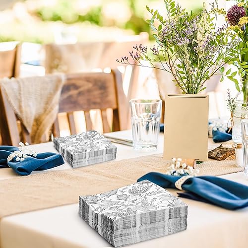 Miniatura 6 de AnyDesign 80 servilletas de papel de flores blancas y negras, servilletas de almuerzo florales salvajes, patrón de dibujo de líneas, servilletas