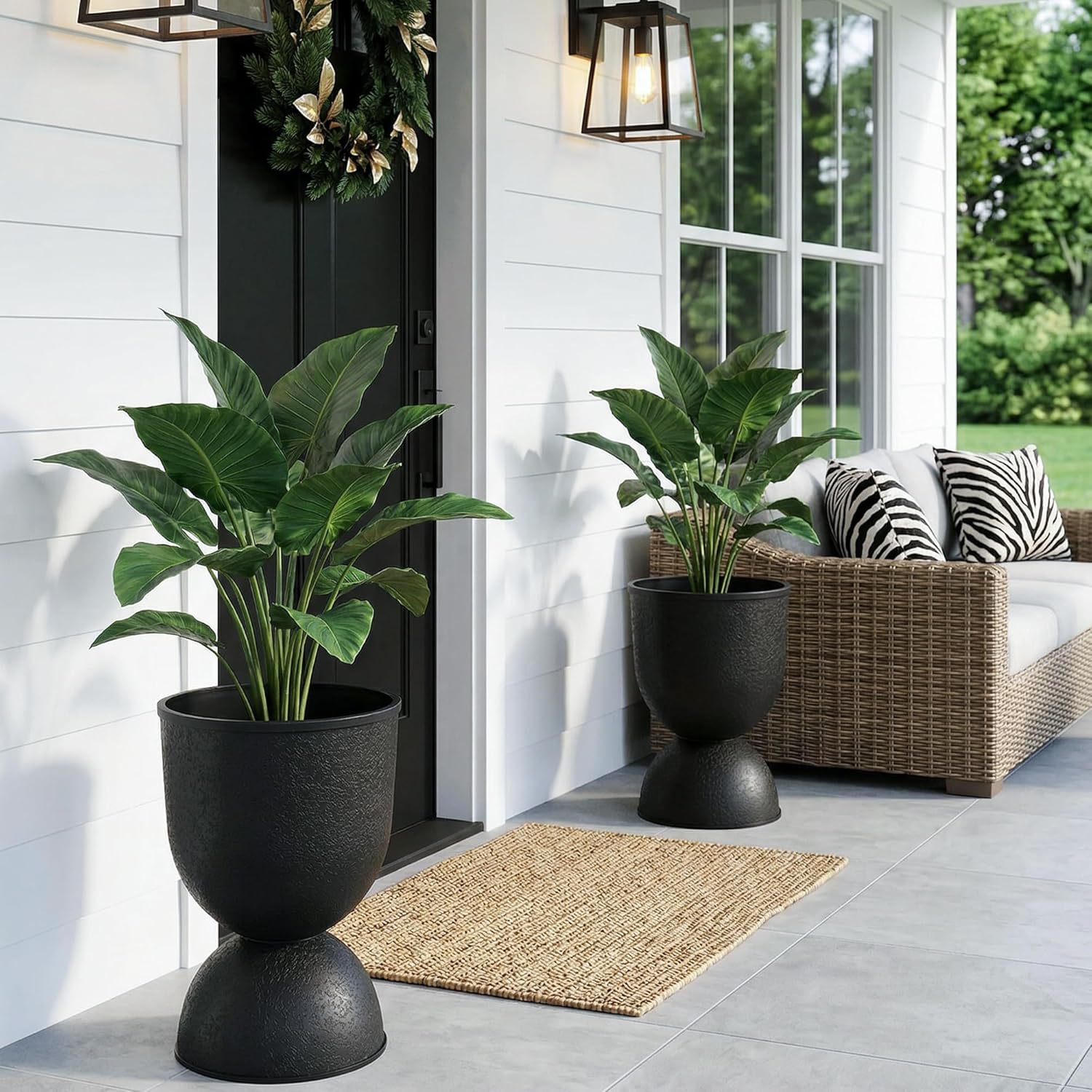 KOL Planters Flower Pots, Plastic Urn Planters for Indoor Outdoor Plants, Black Pedestal Planter Pots 2 Pack, 15 Inch Tall Decorative Planters with Drainage Holes & Plugs for Front Porch Patio Garden
