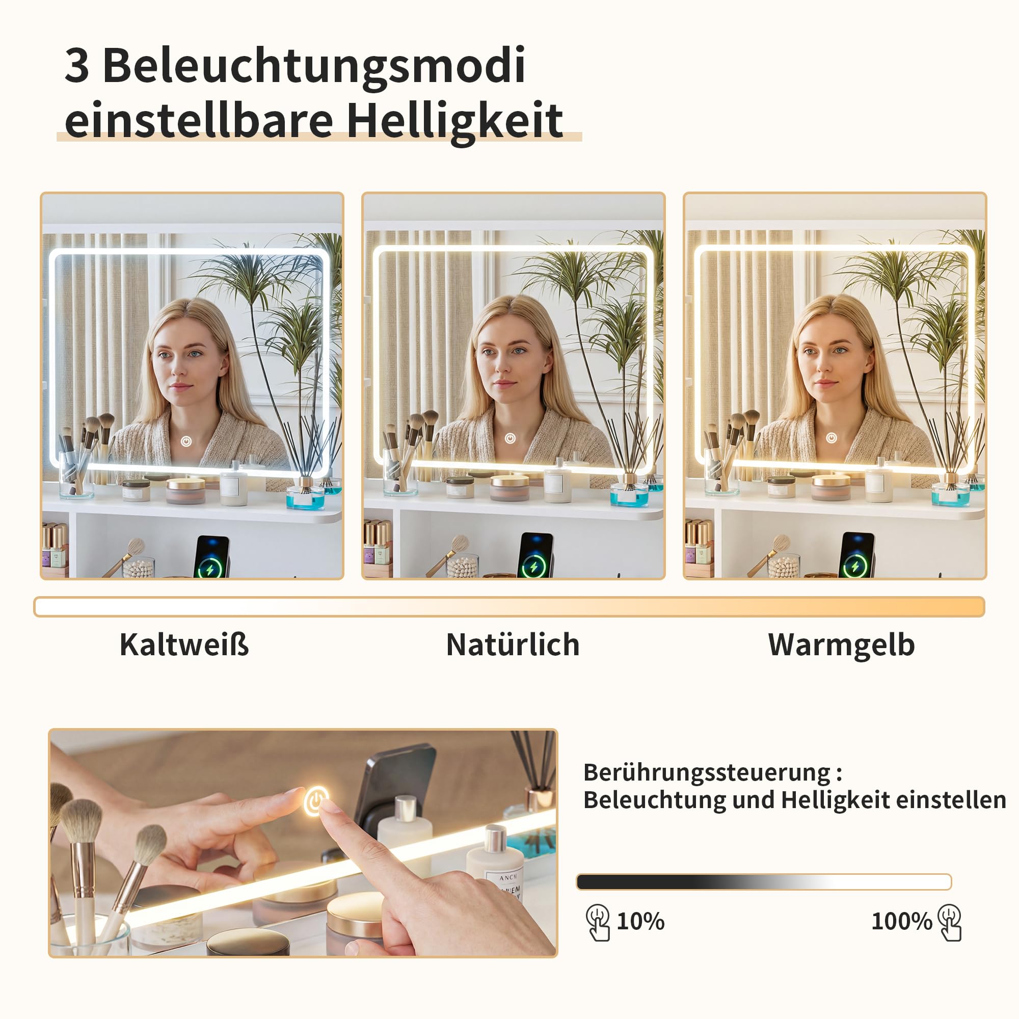 BonVache Schminktisch mit LED-Beleuchtung, Spiegel & Steckdose, 5 Ablagen und 2 Schubladen, 4 seitliche Ablagen, Einstellbare Helligkeit & 3 Farbtemperaturen, Weiß