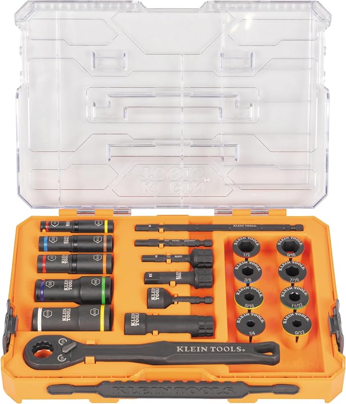 Jogo de Soquetes de Impacto KLEIN TOOLS KNECT 65240 com Soquetes Profundos Flip e Pass Through de Baixo Perfil, Encaixe de 6,35 mm e 9,53 mm, Estojo MODbox, 20 peças