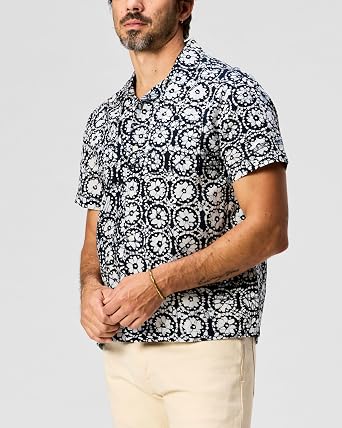Huckberry Flint and Tinder Block Print Camp Collar Shirt, Hand Printed in India, Artisenal Mens Button Down Polo Shirt, Indigo Mandala, X-Large