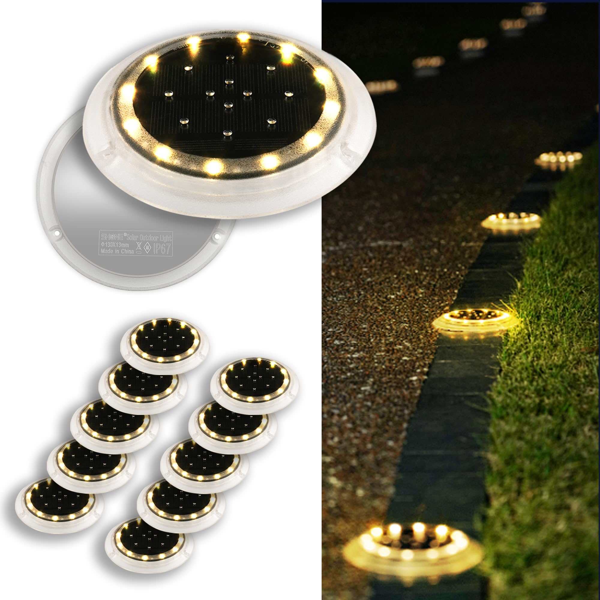 SHONE Solar Deck Lights, IP67 Waterproof Pool Lights with Anti Slip and Anti Trip Design, Super Bright Warm White Flat Disk, Outdoor LED for Ground, Path, Driveway, Landscape, Steps 12Pack