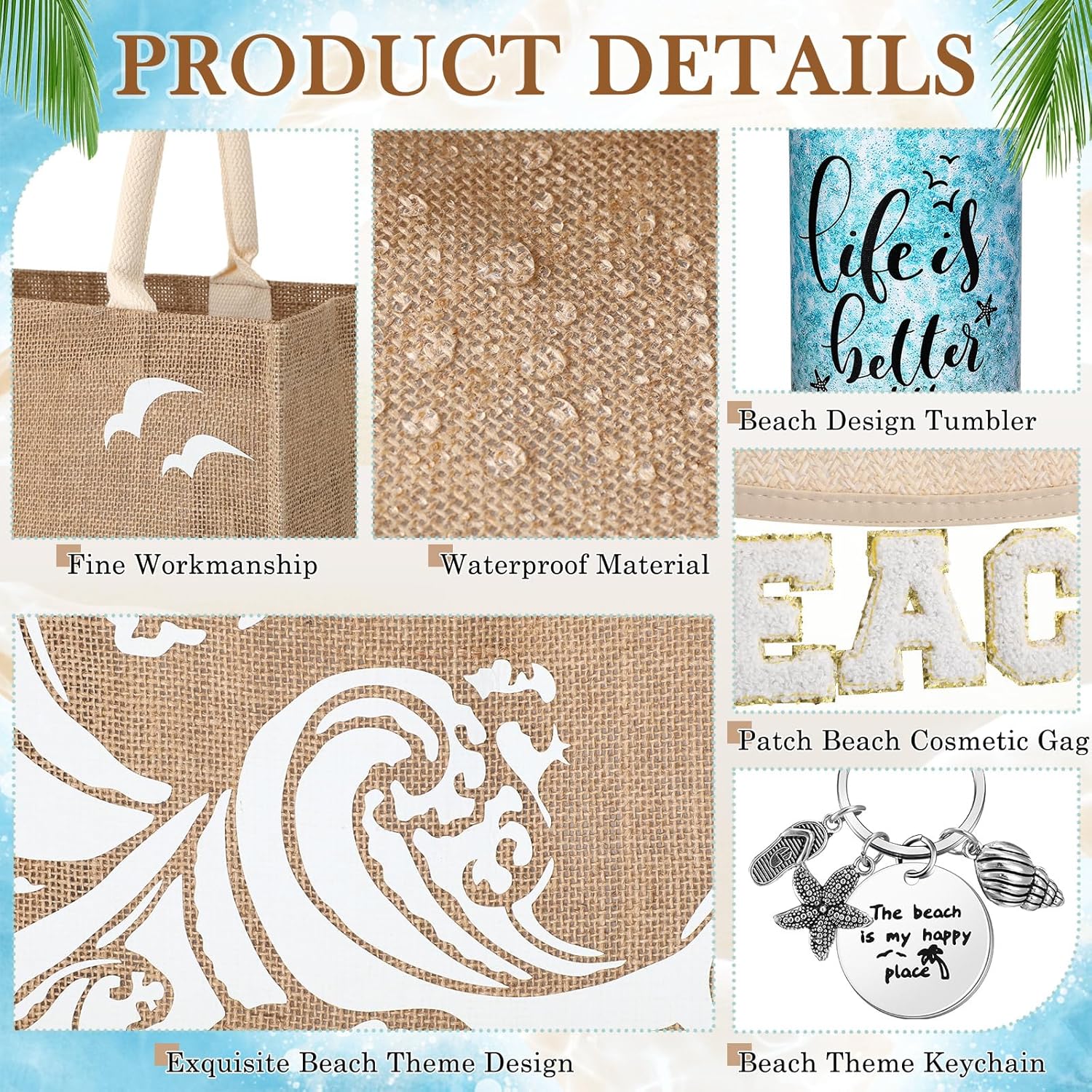 6 Pcs Beach Gifts for Women Set Beach Theme Gift Set Burlap Tote Bags Cosmetic Bag 20 oz Tumbler Keychain for Birthday Holiday Travel Wedding Bridal Shower Bride Bridesmaid Honeymoon(Skinny)