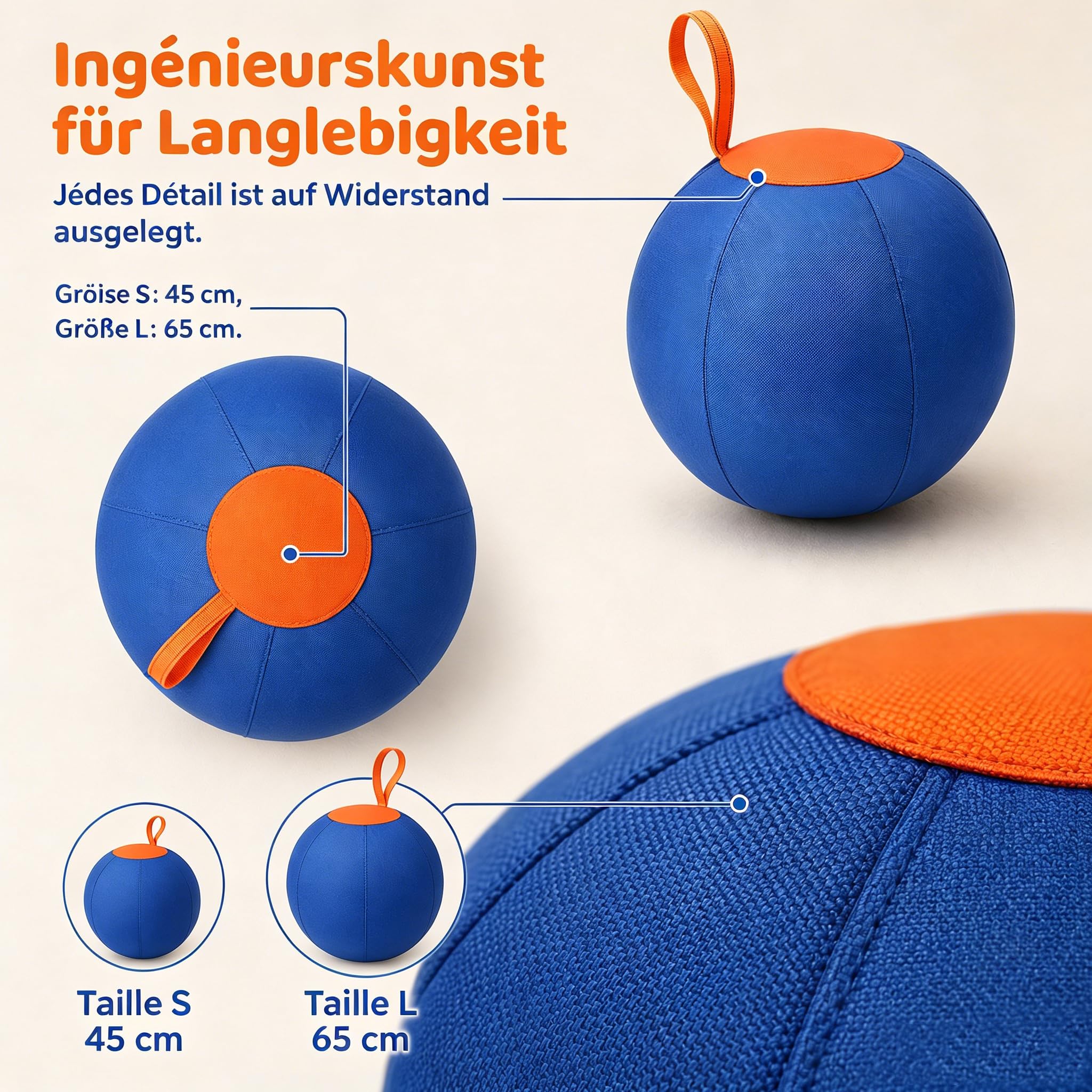 Treibball für Hunde – 45/65 cm Aufblasbarer Bissfester Herding Ball mit Tragegriff, Reißfestes Interaktives Hundespielzeug für Hütehunde & Große Rassen, Training und Auslauf (B, 65CM)