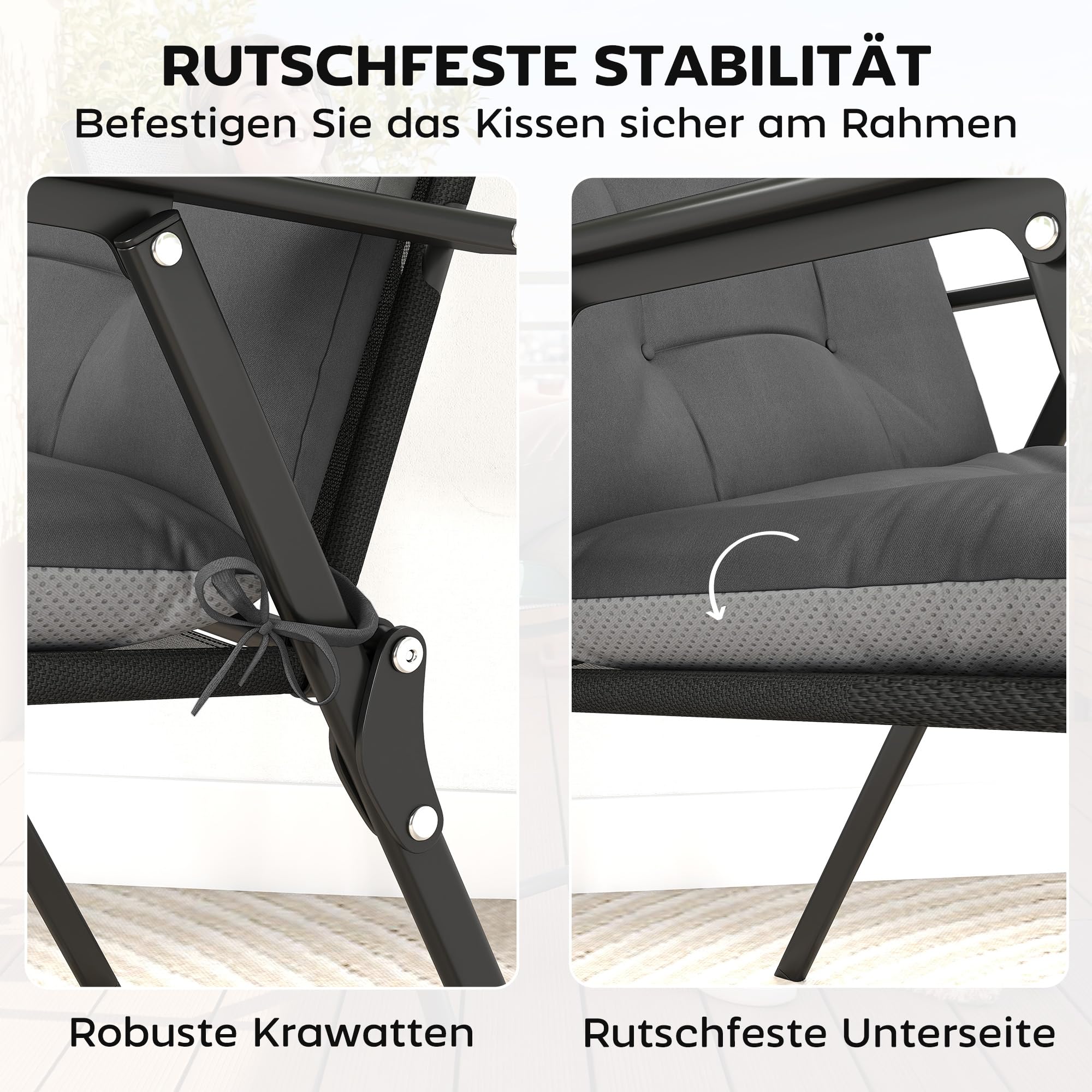 Outsunny 4er Set Sitzkissen Wasserabweisend 111,5 x 53 x 8 cm Dunkelgrau | Rutschfest, Stuhlkissen Mit Bändern, Indoor Outdoor Sitzauflage, Sitzpolster, Stuhlpolster für Gartenmöbel, für Sitzstuhl