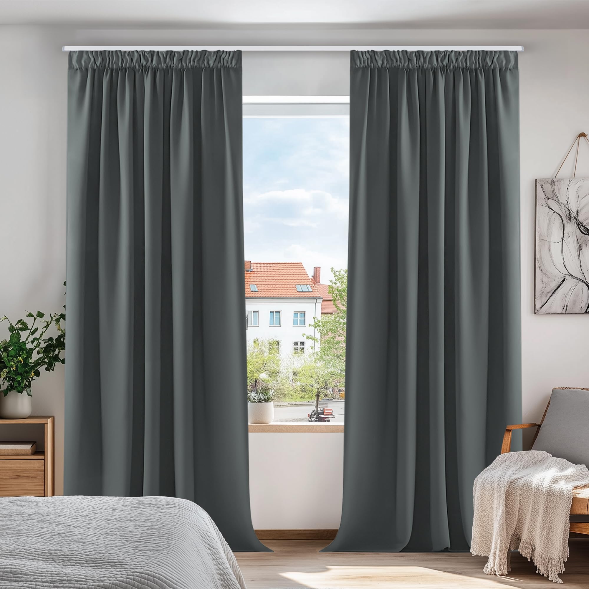 Deconovo Lot de 2 Rideaux Chambre Garcon Thermique Anti Froid Porte Fenetre Rideaux Balcon Cuisine Intérieur Galon Fronceur Gris Foncé 140x245cm - 1