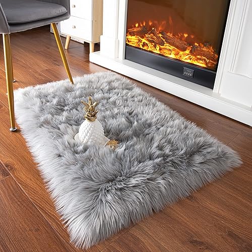 YJ.GWL Luxury Faux Sheepskin Fur Area Rug Soft Fluffy Rugs, Shag Plush Carpet Faux Fur Rug for Bedroom Floor Sofa Living Room, 2 x 3 Feet Rectangle Grey