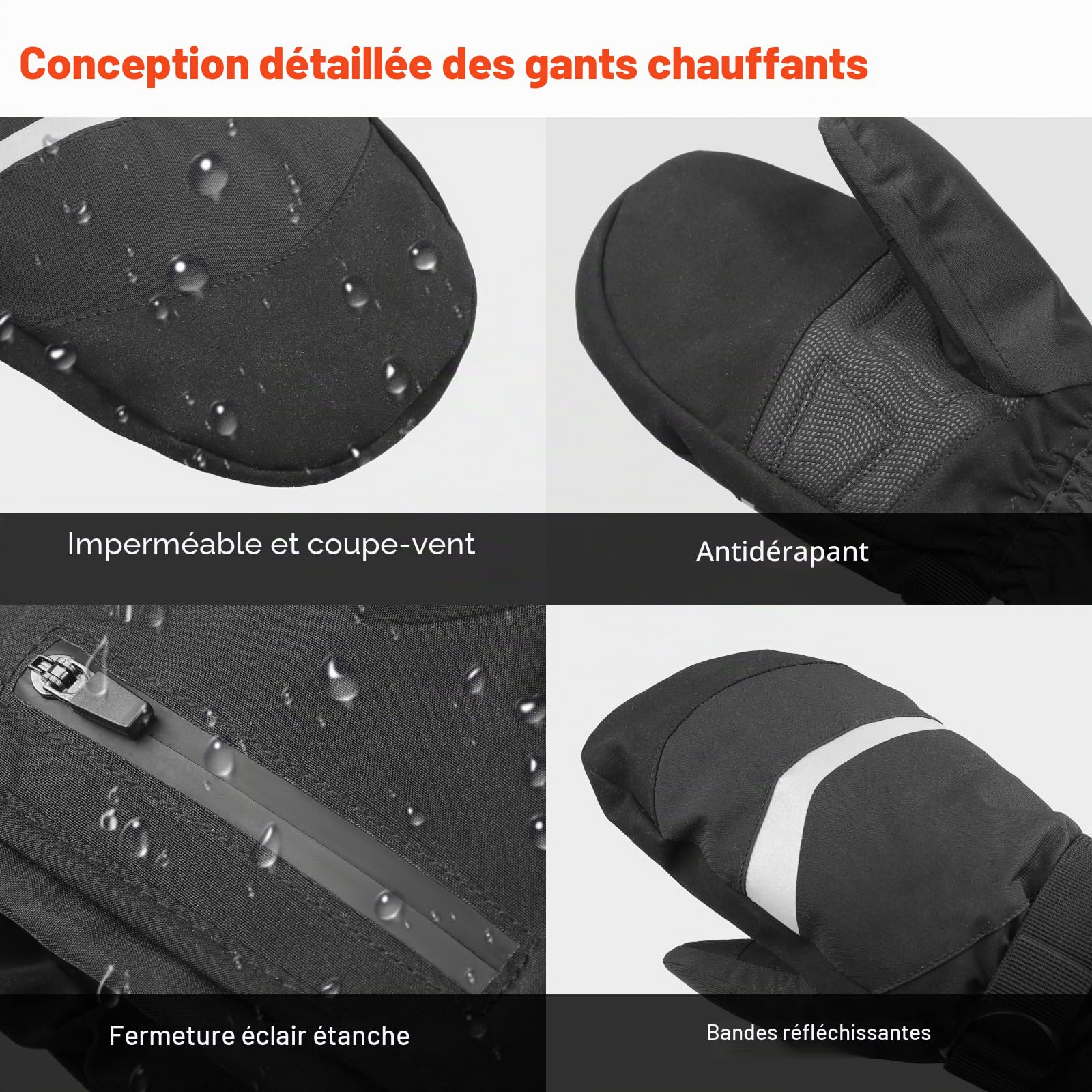 Gants Chauffants avec Écran Tactile, 3000 mAh Gant Chauffant Rechargeables Isolants d'hiver pour Femmes et Hommes, 3 Températures, Imperméables, Antidérapants, C