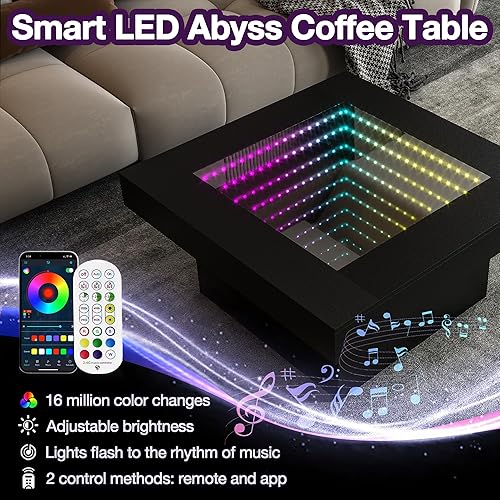 Miniatura 4 de FKWin Mesas de centro modernas negras – Mesa de centro cuadrada con espejo de profundidad infinita con luces LED, mesa negra para sala de estar,