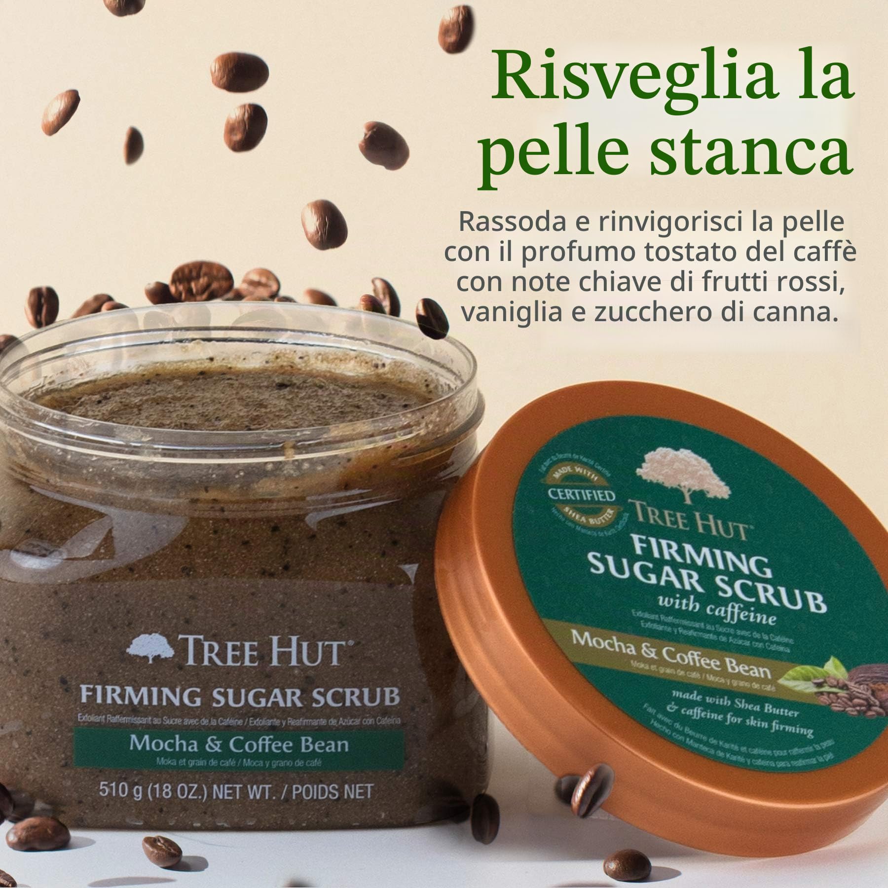 Tree Hut Scrub ultra idratante ed esfoliante allo zucchero moka e chicco di caffè per la cura del corpo essenziale nutriente, 510 g