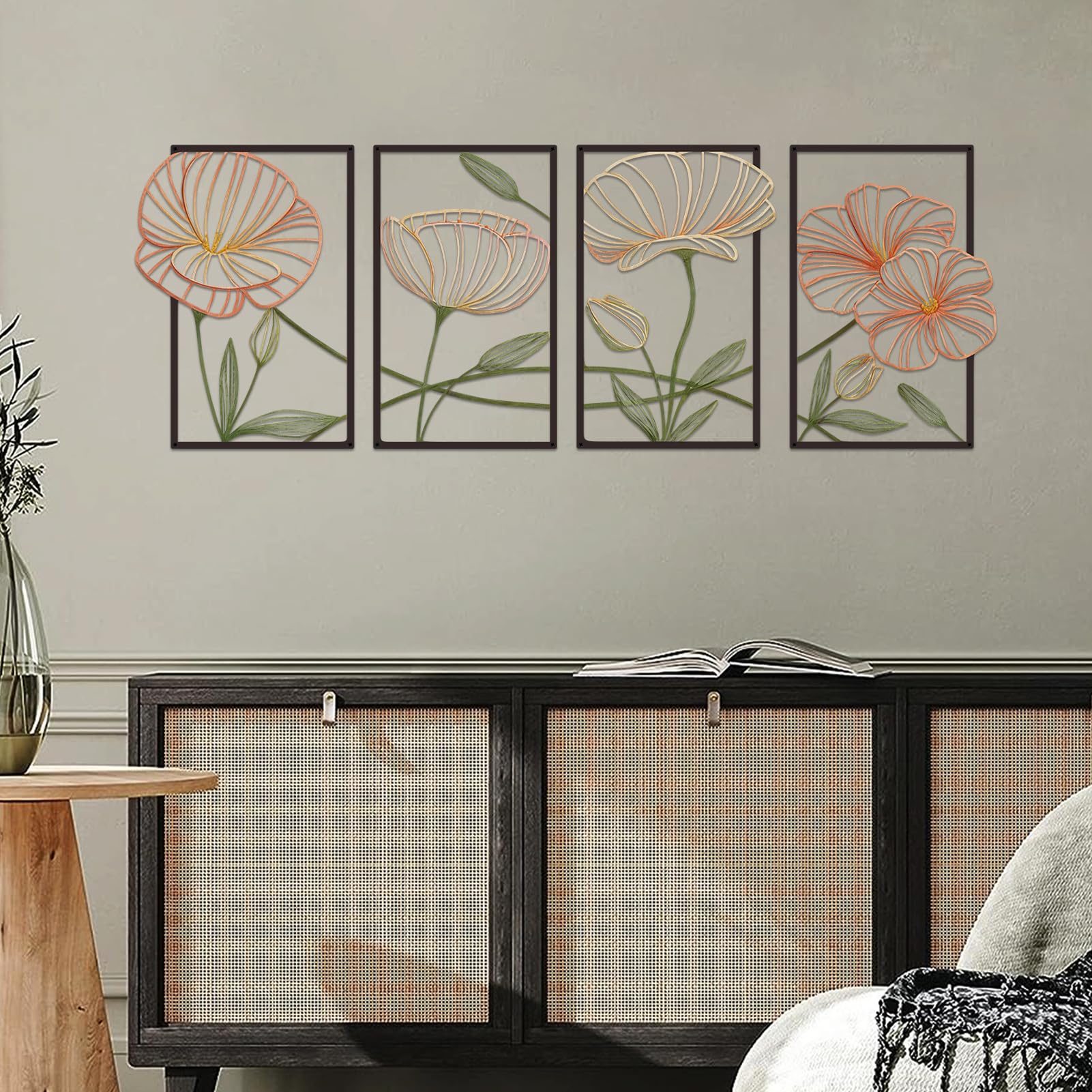 ESTART Dekor 4 Stück Metall Lotusblume Wanddekoration, Abstrakte Blumen Ästhetische Spleißlinie Kunst, Minimalistische Hängende Wandskulptur für Wohnzimmer Schlafzimmer Büro und Yogazimmer (Bunt)