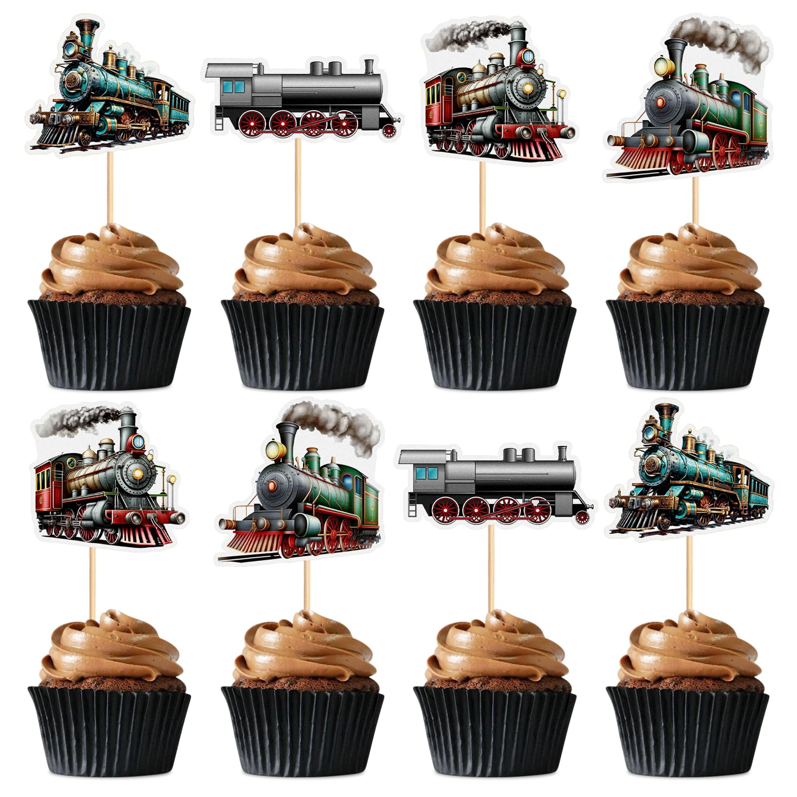 24Pcs Train Transportation Cupcake Toppers Vintage Locomotiv Cupcake Picks for Retro Train Boys Girls Birthday Party Baby Shower Cupcake Decorations