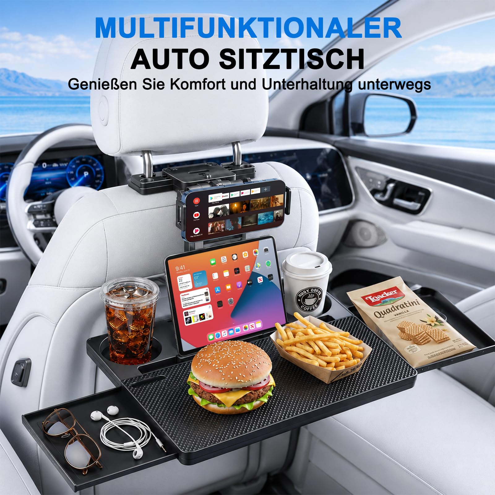 2 in 1 Auto Tisch für Beifahrer und Lenkrad | Klappbarer Auto Tisch für Rücksitz mit Getränkehalter und Handyhalter, Laptop-Schreibtisch für für Reisen, Arbeiten, Essen