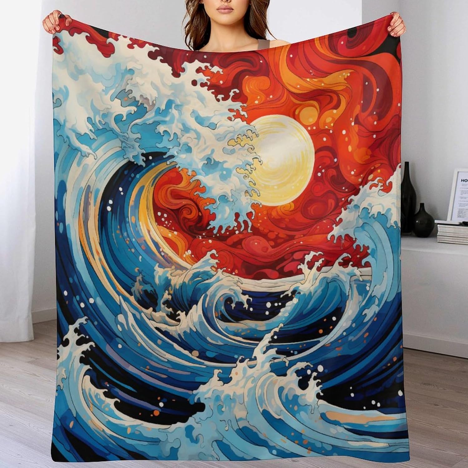 TNFHSOFT 3D Print Blanket Waves in Japanese Style Blanket Microfibre