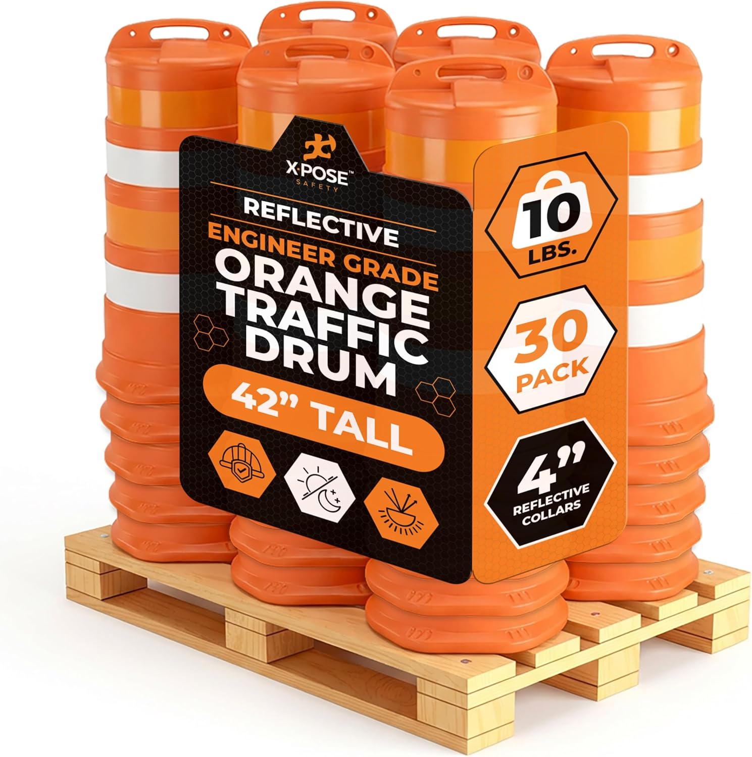 Xpose Safety Reflective Channelizer Drum 42" – 10 lbs Orange HDPE Durable Traffic Drums with 6" High Intensity Prismatic Stripes – Bulk Full Pallet (30 Pack) for Road, Construction & Event Control