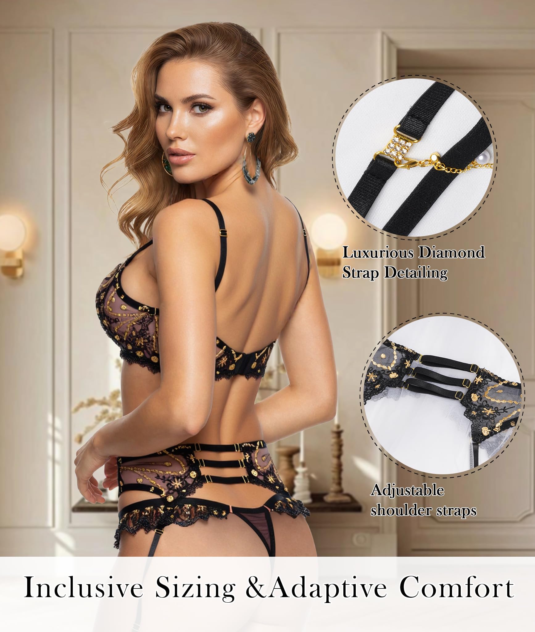 HELLOLAGIRL Sexy Lingerie Set for Women,Lace Womens Lingeries flower Teddy Lingerie 3 Piece with Garter Belt: X-Large Black