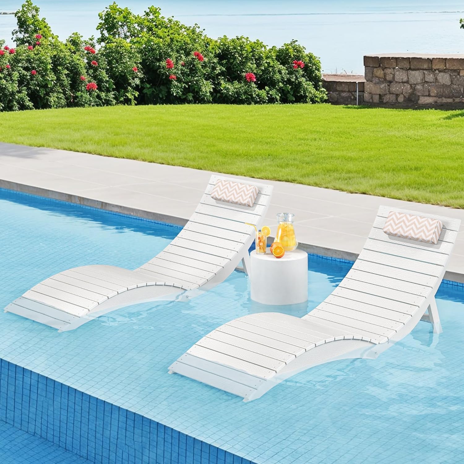 Folding Pool Lounge Chairs Set of 2, Pre-Assembled HDPS Anti-Floating Aquawave Lounge Chair with Headrest for in-Pool Use(Max Depth 8-Inches), Ideal for Poolside, Beach & Sun Decks, White
