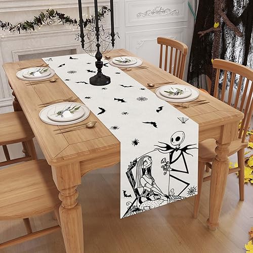 Miniatura 3 de Nightmare Before Christmas Camino de mesa de 72 pulgadas de largo gótico Jack Skellington y Sally para Halloween, Navidad, invierno, vacaciones,