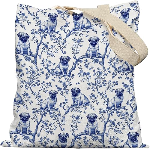 French Country Pug Tote Bag, Pug Gifts for Women, Blue and White Chinoiserie Dog Canvas Tote Bags for Women, Vintage Dog Reusable Grocery Shopping Bag