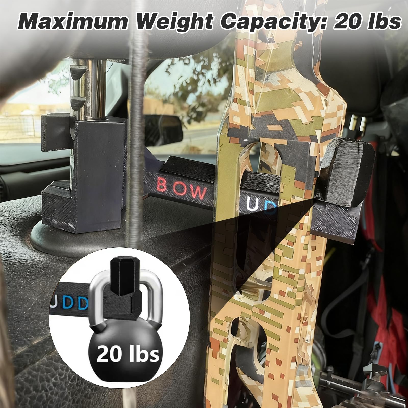 Bow Buddy Bow Hanger for Truck, Universal Car Headrest Compound Bow Holder Hook, Vehicle Storage Hanger with Sizing Sleeve, for Trucks, SUV, Hunters, Archers — view 3