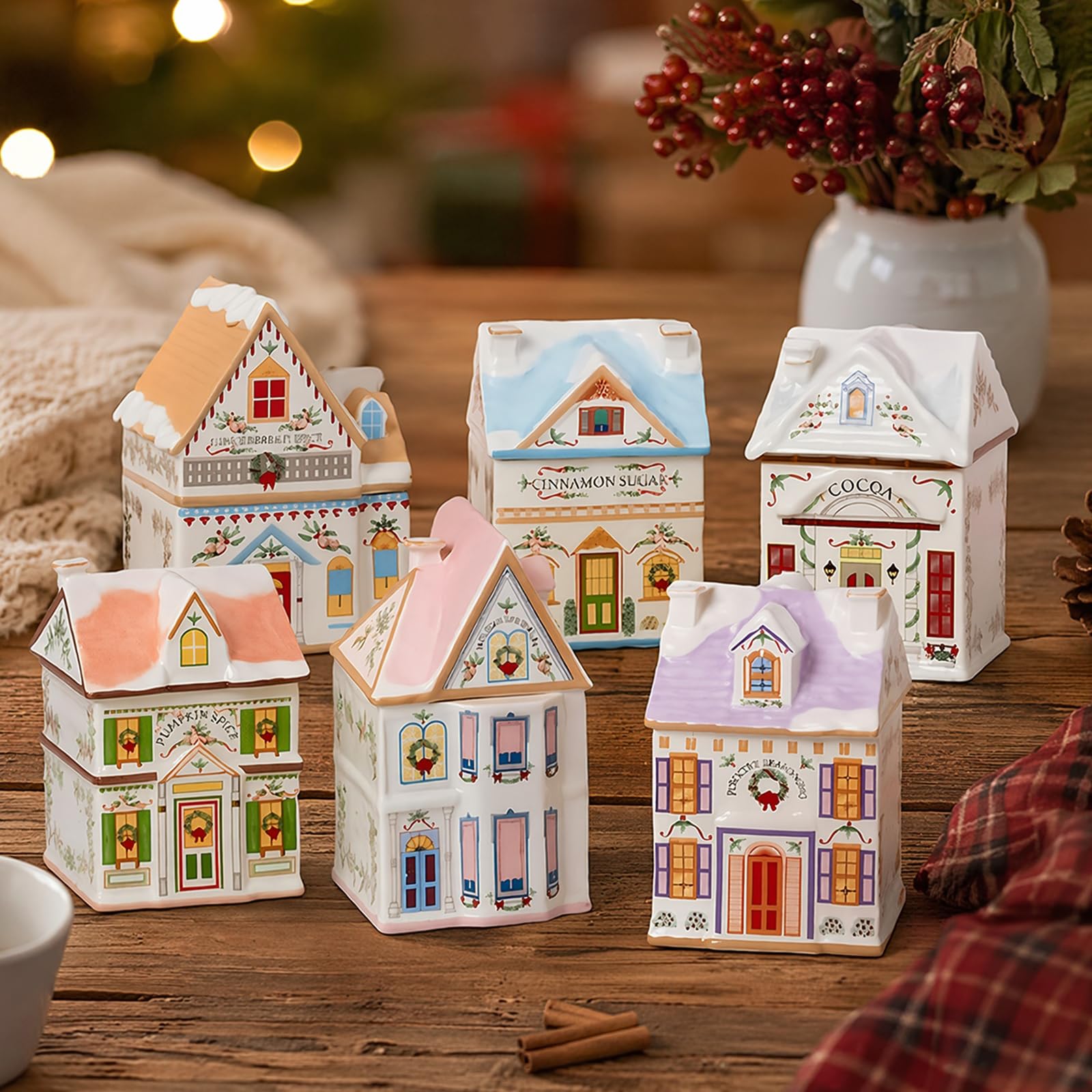 6-teiliges Mini-Weihnachts-Gingerbread-Häuser Gewürzdosen-Set aus Harz im Vintage-Stil, Festliche Dekoration für die Küchenarbeitsplatte, Klassische Gewürz-Dörferkollektion