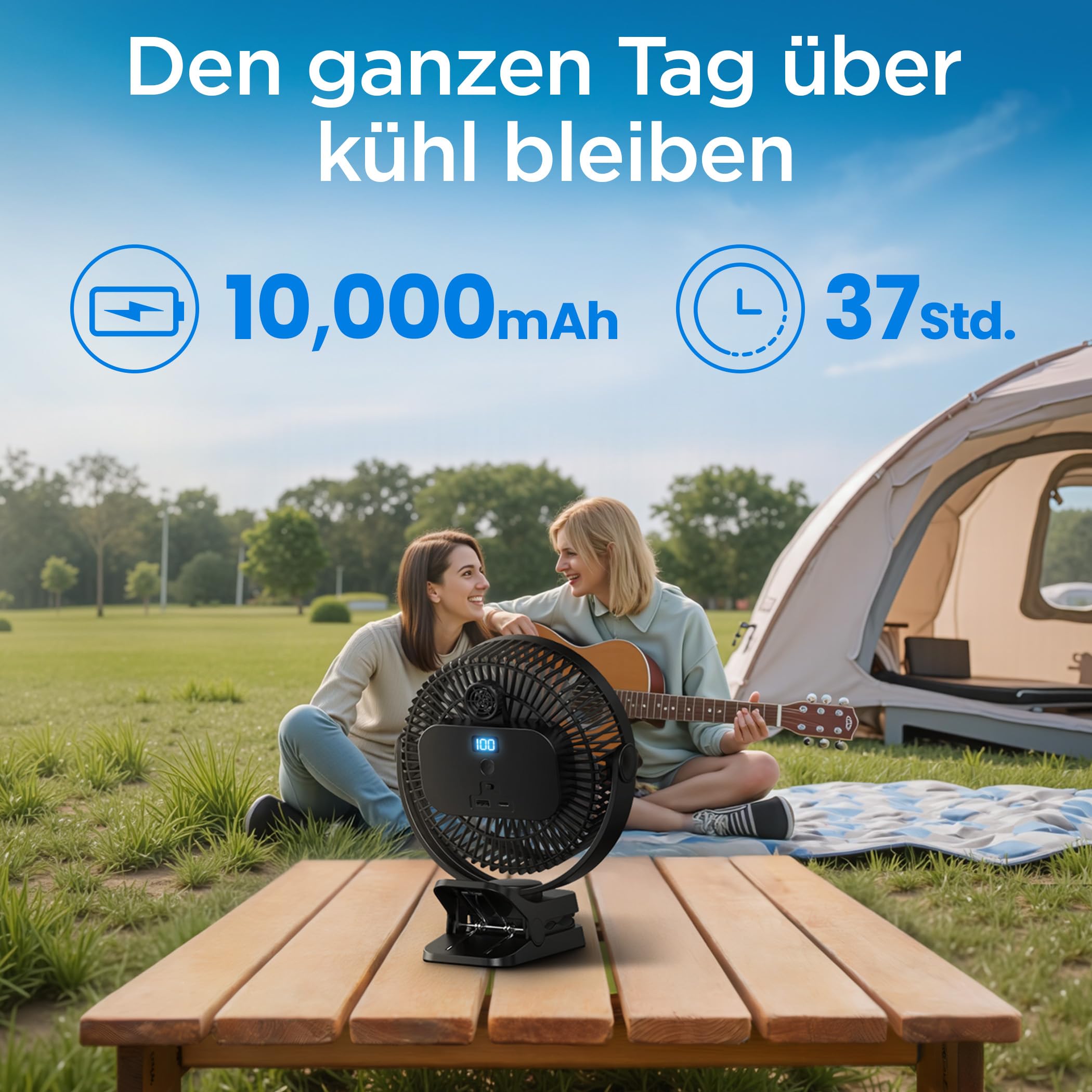 EasyAcc 10000mAh Clip Ventilator mit 37 Stunden Laufzeit - 20cm Camping mit Powerbank, 5 Geschwindigkeiten, LED Anzeige, 360° Haken für Camping, Growbox, Kinderwagen