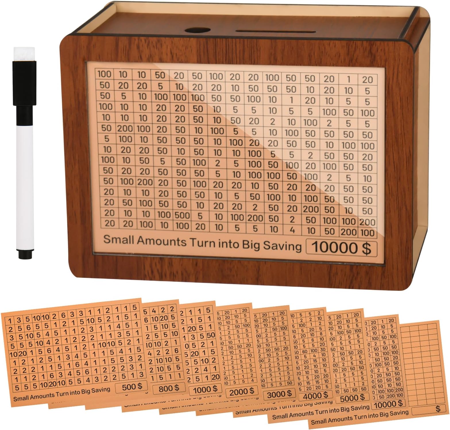 10000 Kakeibo Wooden Money Saving Challenge Box Cash Vault Piggy Bank for Adults Kids Savings Goals Smash Box Saver (10 Amounts)