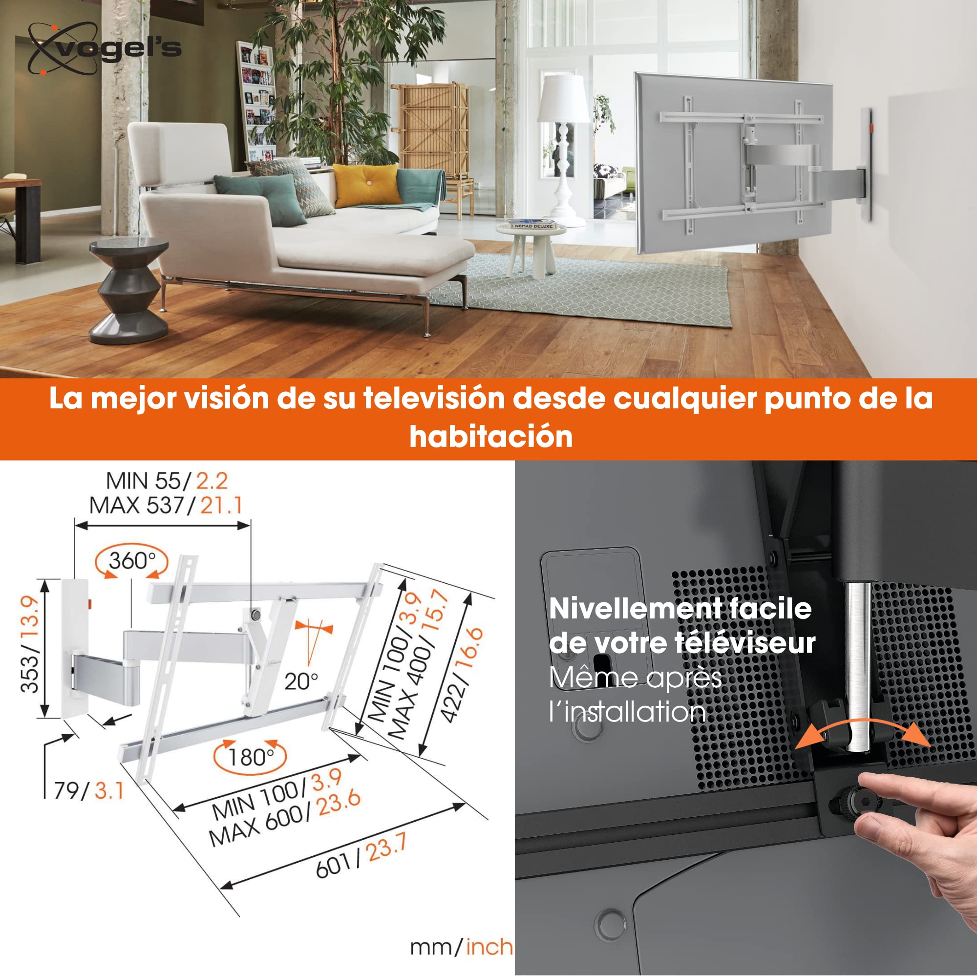 Vogel's Wall 3345 Soporte de Pared para TV, Inclinable y Giratorio 180º, para televisores de Entre 40-65 Pulgadas (102-165 cm), Blanco, Máx. 30 kg, VESA Máx. 600x400, Certificación TÜV