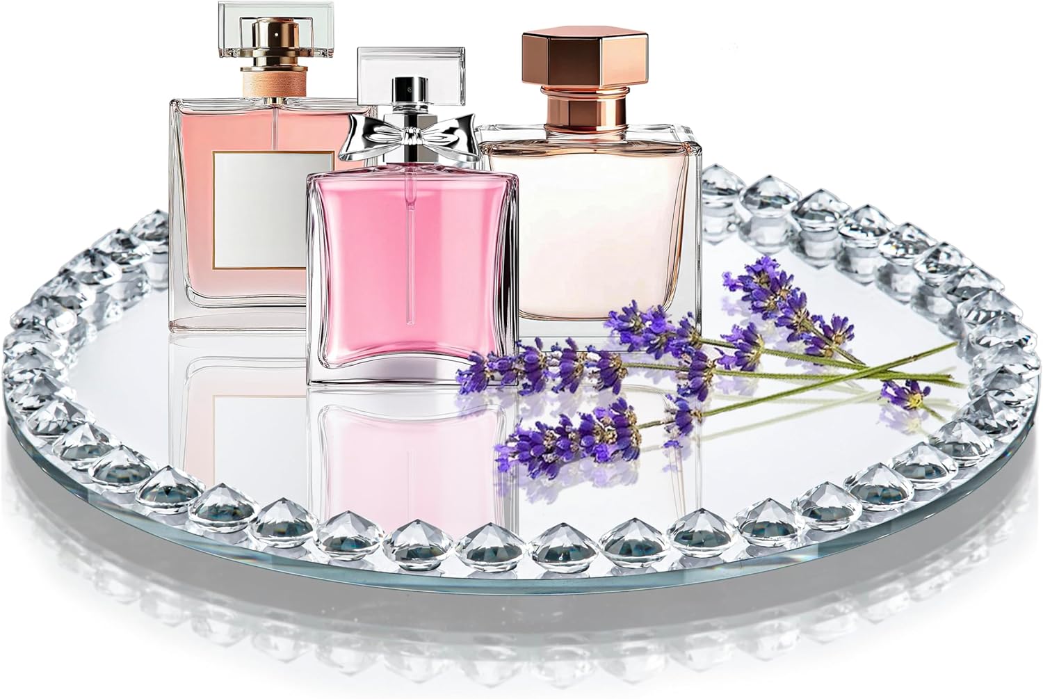 kanpura Crystal Perfume Tray Mirror Glass Makeup Vanity Organizer Jewelry Trinket Display Mirrored Decorative Tray for Bathroom Bedroom, Home Decor, Hotel Banquet, Party(Round 10 inch) (Silver)