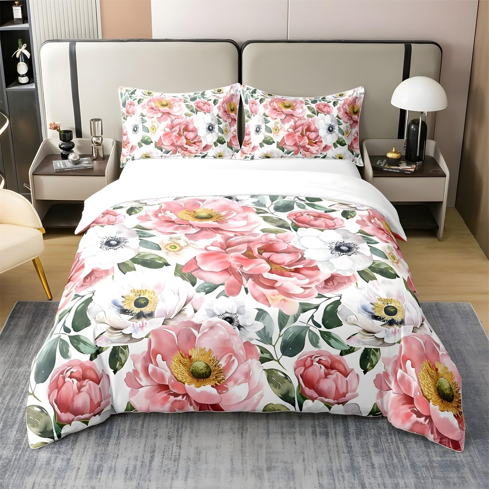 Funda Nordica Cama 90 Infantil Peonía y peonía Ropa de Cama Fresco Microfibra Suave y Cómoda con Cremallera Funda Edredon 150x200-2 Fundas Almohada 50x75 QA1088