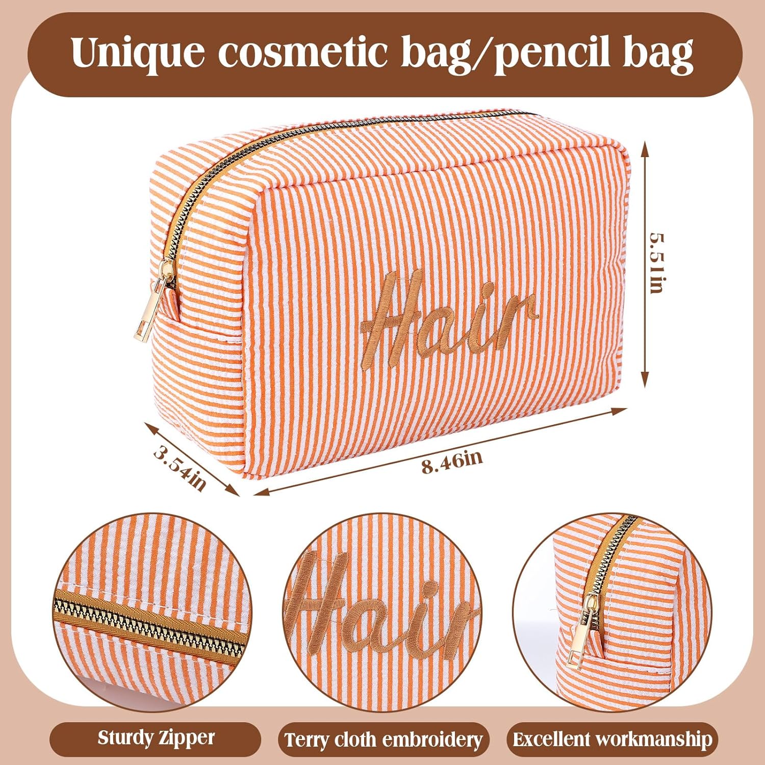 4 Pcs Large Seersucker Cosmetic Bag Mother's Day Gifts for Women Embroidered Letters Preppy Makeup Bag with Zipper Aesthetic Striped Travel Toiletry Pouch for Cosmetics Brushes Skincare - Image 2