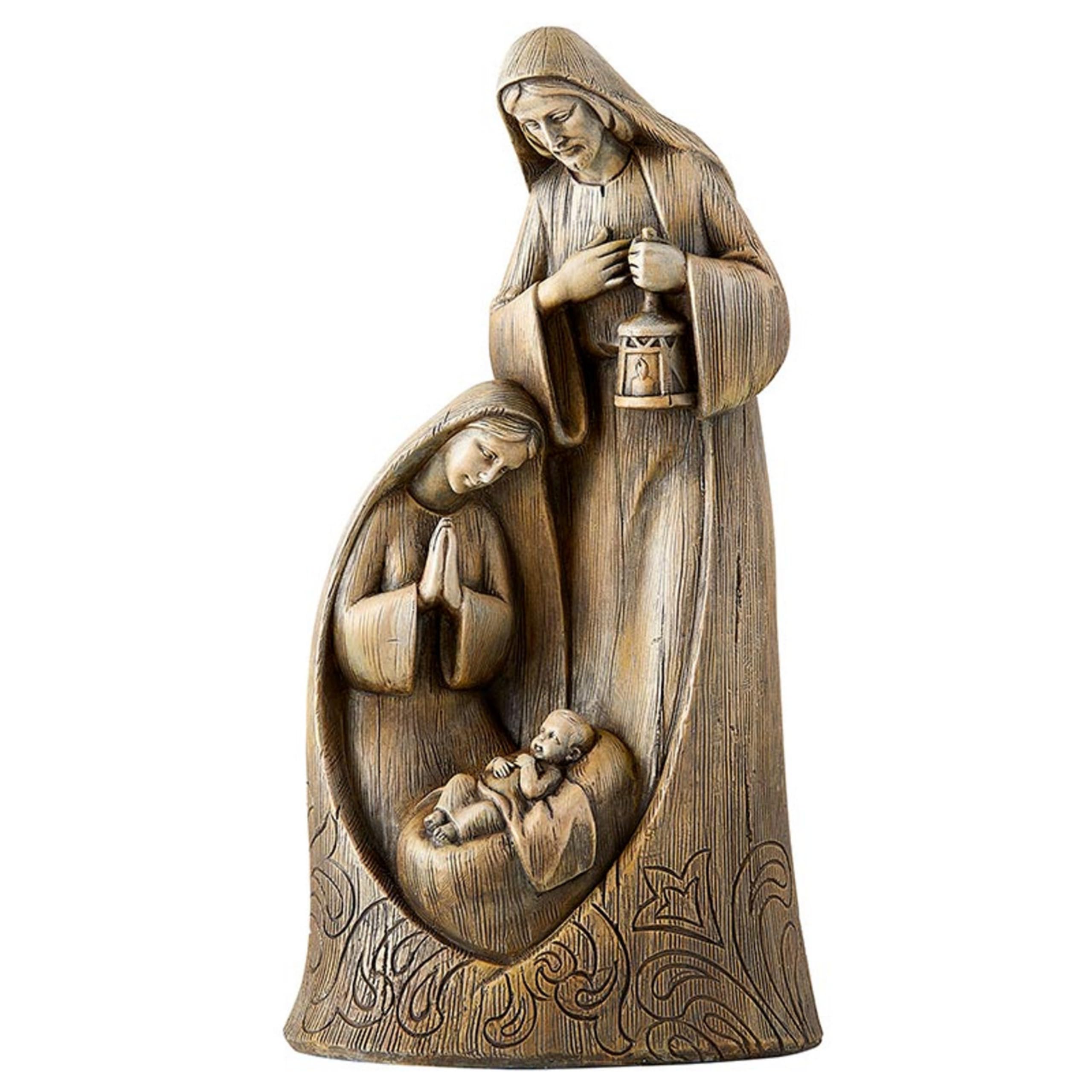 Avalon Galeri Noel Figürleri - Oyma Ahşap Görünümlü Joseph Mary ve Jesus Masa Üstü Doğum Heykelcik, 25,8 cm, Kutsal Aile