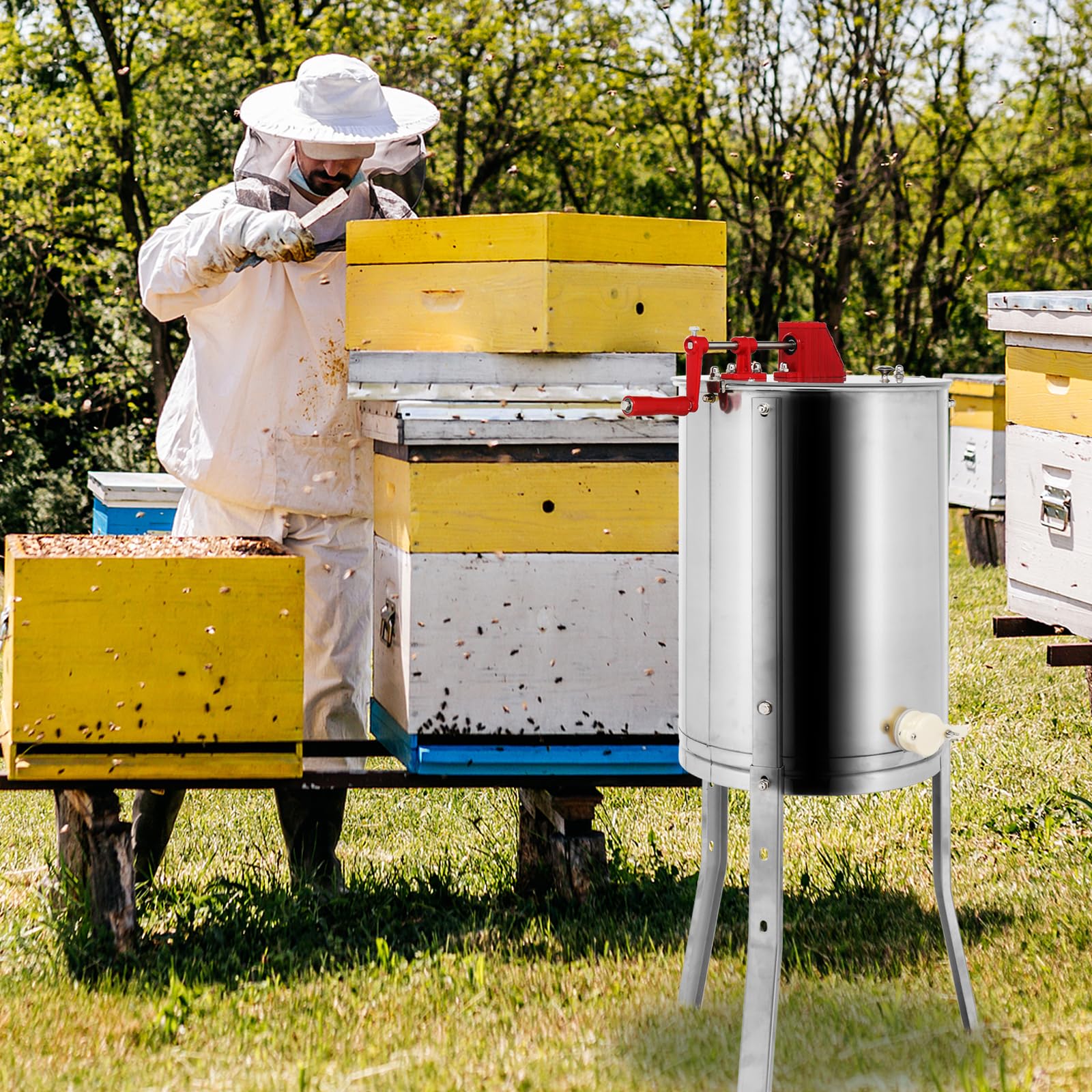 Bonnlo Manuelle Honigschleuder, 4 Waben Rahmen, Imker Zubehör, Extraktor Tangentialschleuder Edelstahl, Honigspender für beekeeper, 108*57*57cm