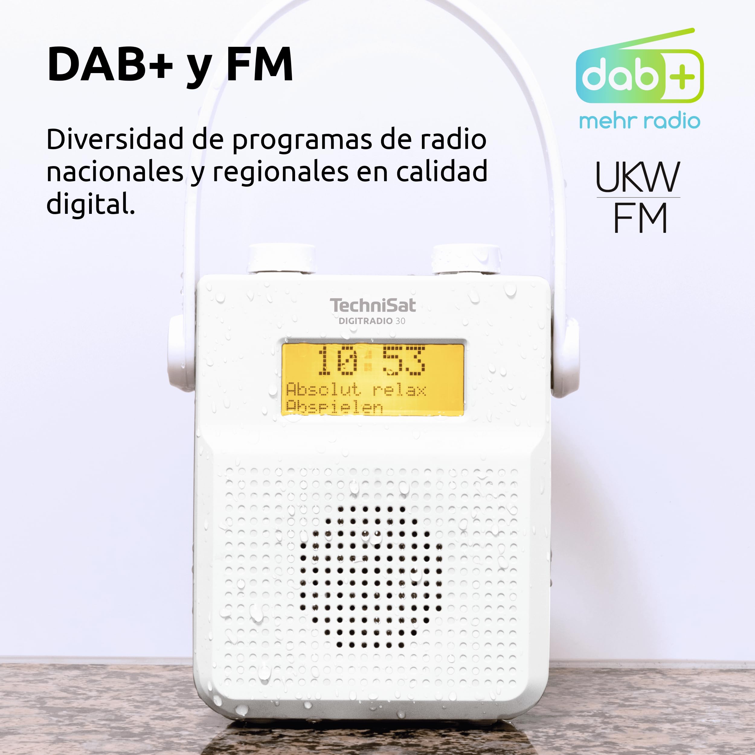 TechniSat DIGITRADIO 30 - Radio de Ducha Impermeable Dab+ (FM, Radio Digital Dab, batería integrada, Bluetooth, Resistente al Agua IPX5, Despertador, Memoria Favorita, Conector para Auriculares)