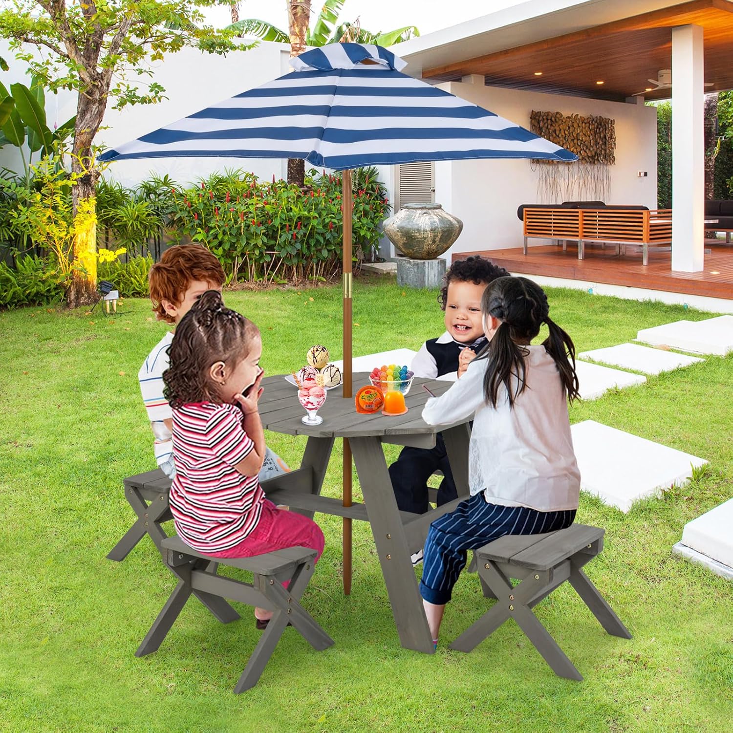 KOTEK Kids Picnic Table, Fir Wood Foldable Toddler Octagon Table and Chairs with Height Adjustable Umbrella, Indoor Children Art Play Table, Activity Kids Outdoor Table for Backyard & Patio (Grey)