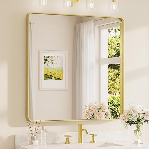 Miniatura 48 de TETOTE Espejo con marco dorado cepillado de 48 x 24 pulgadas, espejo de tocador de baño de latón para pared, moderno espejo rectangular de esquina