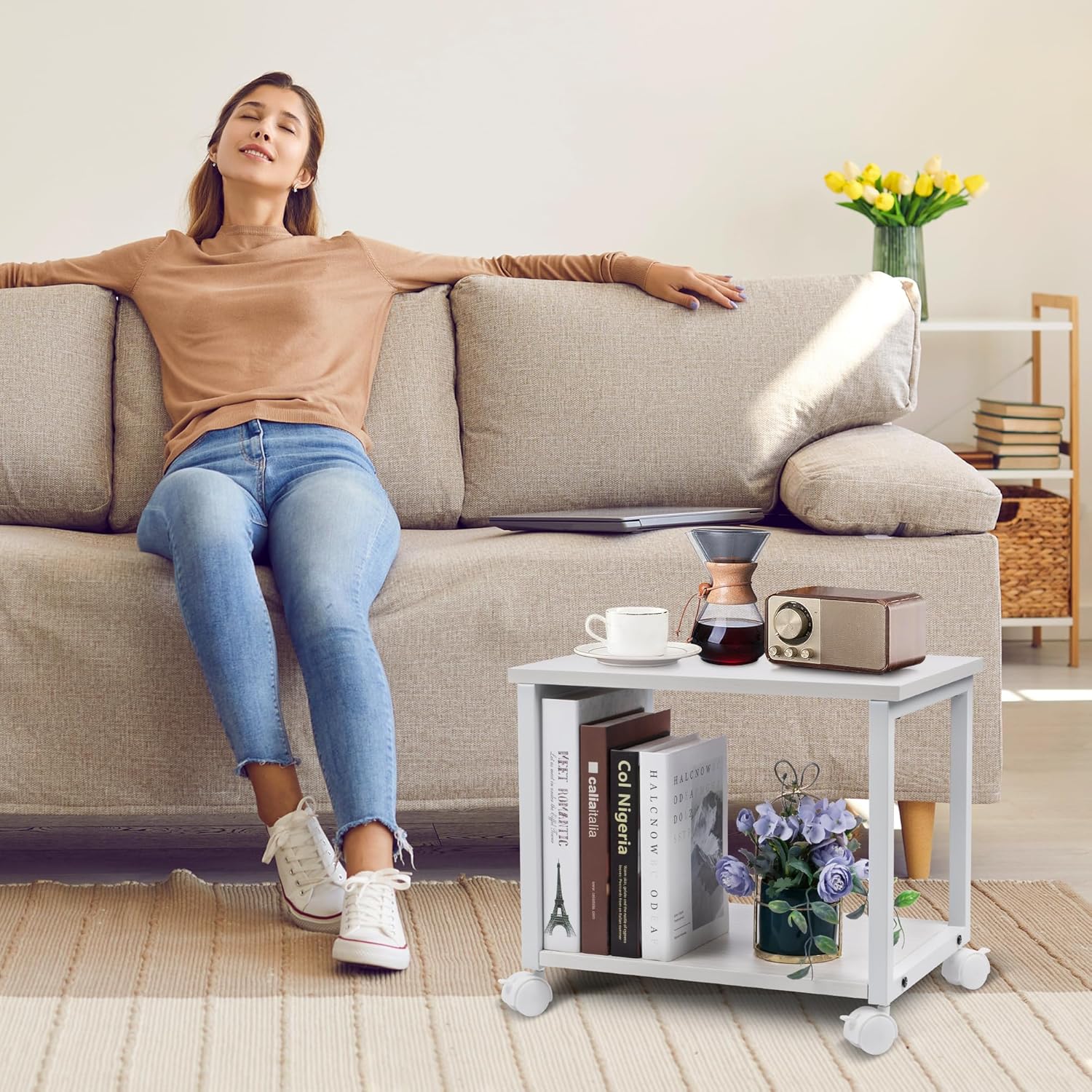 Under Desk Printer Stand - 2-Tier Industrial Mobile Printer Table with Storage Shelf, Heavy Duty Wood Rolling Printer Cart with Wheels for Home and Office,Maple White