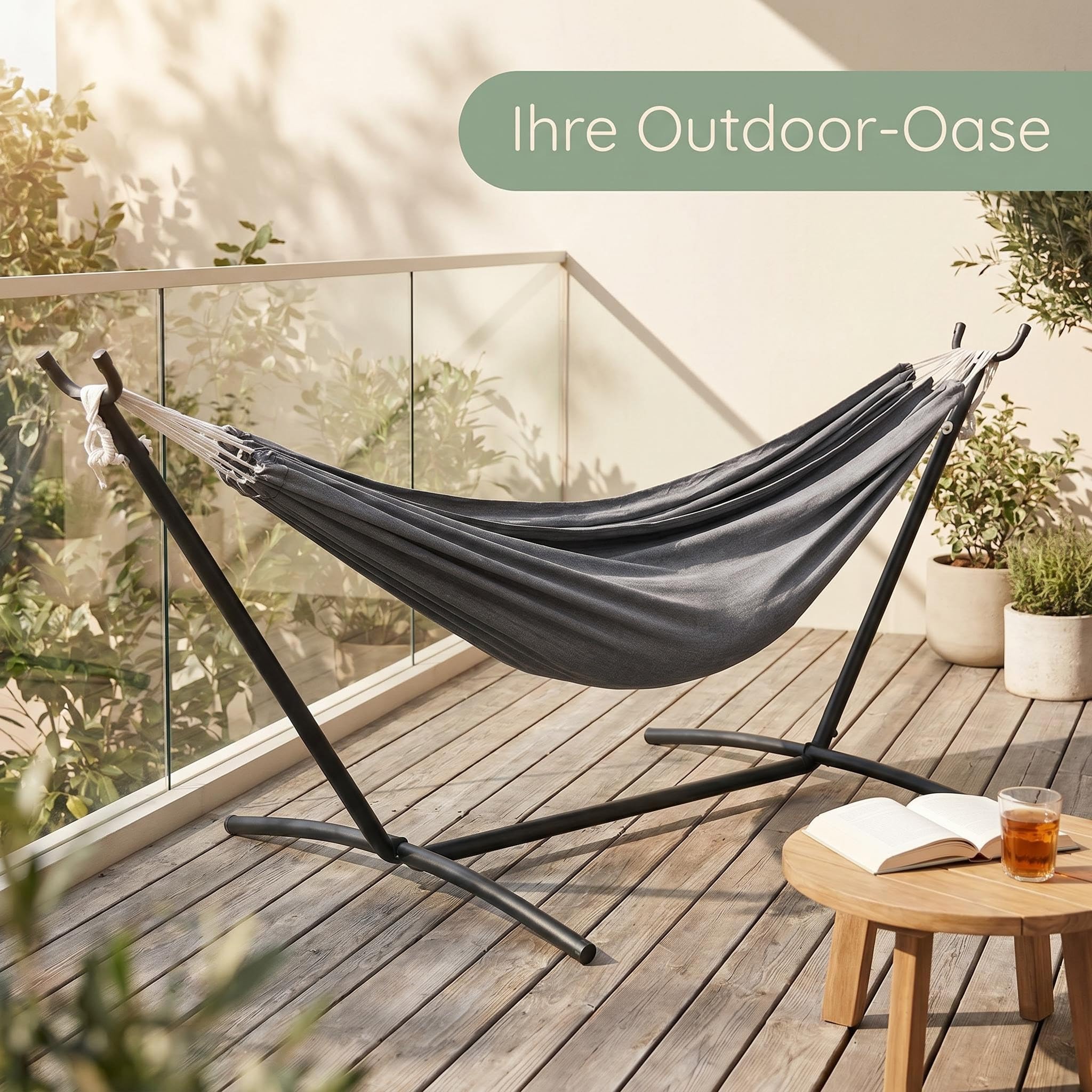 Doppel Hängematte mit pulverbeschichtetem Stahlgestell bis 200 kg Belastbar | 213x150cm Liegefläche Outdoor Garten Balkon Camping Hängematten-Set inkl. Oxford Tragetasche