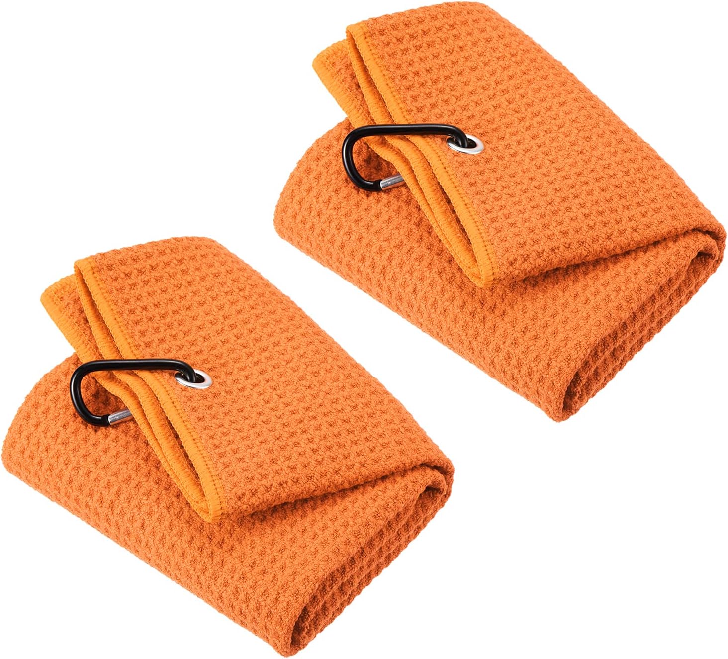 PATIKIL 20"x16" Tri-Fold Golf Towels, 2 Pack Waffle Pattern Towels Soft Fiber Strong Water Absorption with D Clip for Golf Lovers, Orange