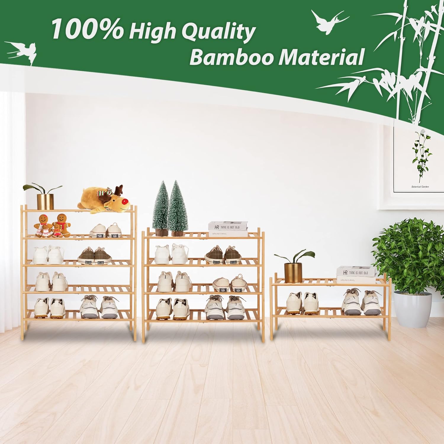 Bamboo Shoe Rack, 4-Tier Free Standing Shoe Racks, Stackable & Durable Shoe Rack Organizer, Shoe Shelf Holder Shoe Storage for Entryway Hallway Closet, Multifunctional