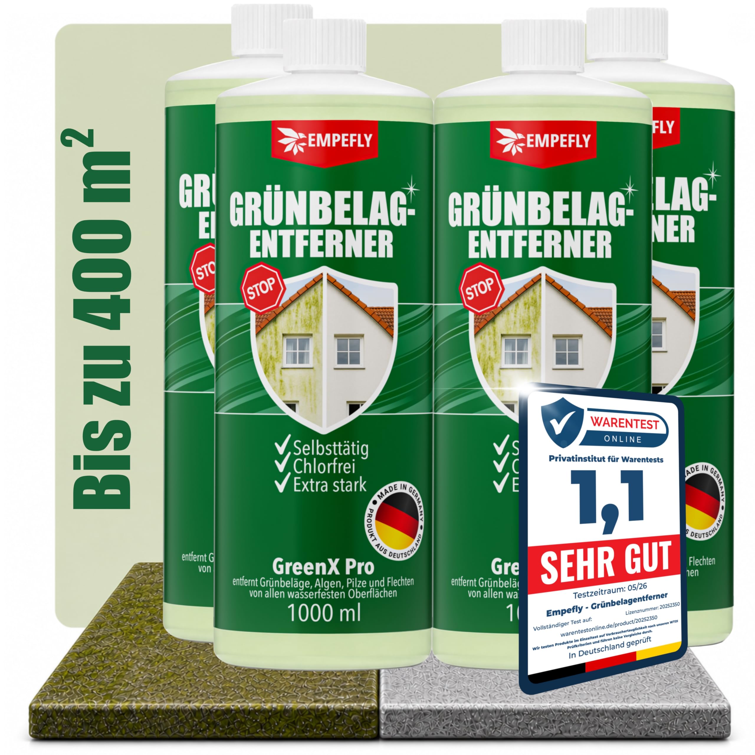 GreenX Pro Grünbelagentferner Konzentrat 4er Pack (4 × 1 L), selbsttätig gegen Grünbelag, Algen & Pilze ohne Schrubben – für Terrasse, Fassade, Dachziegel und Stein – chlor & säurefrei