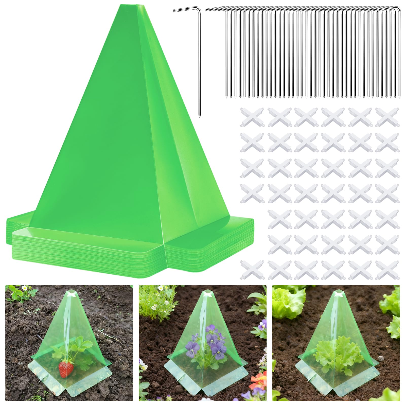 40 Pack Cloches for Plants, 7.8" x 11" Plastic Small Plant Seedling Protector with 80pcs Metal Stakes, Reusable Bell Covers to Protect Plants from Birds, Slugs, Sun, Frost, Freeze Weathe (Green)-image-4