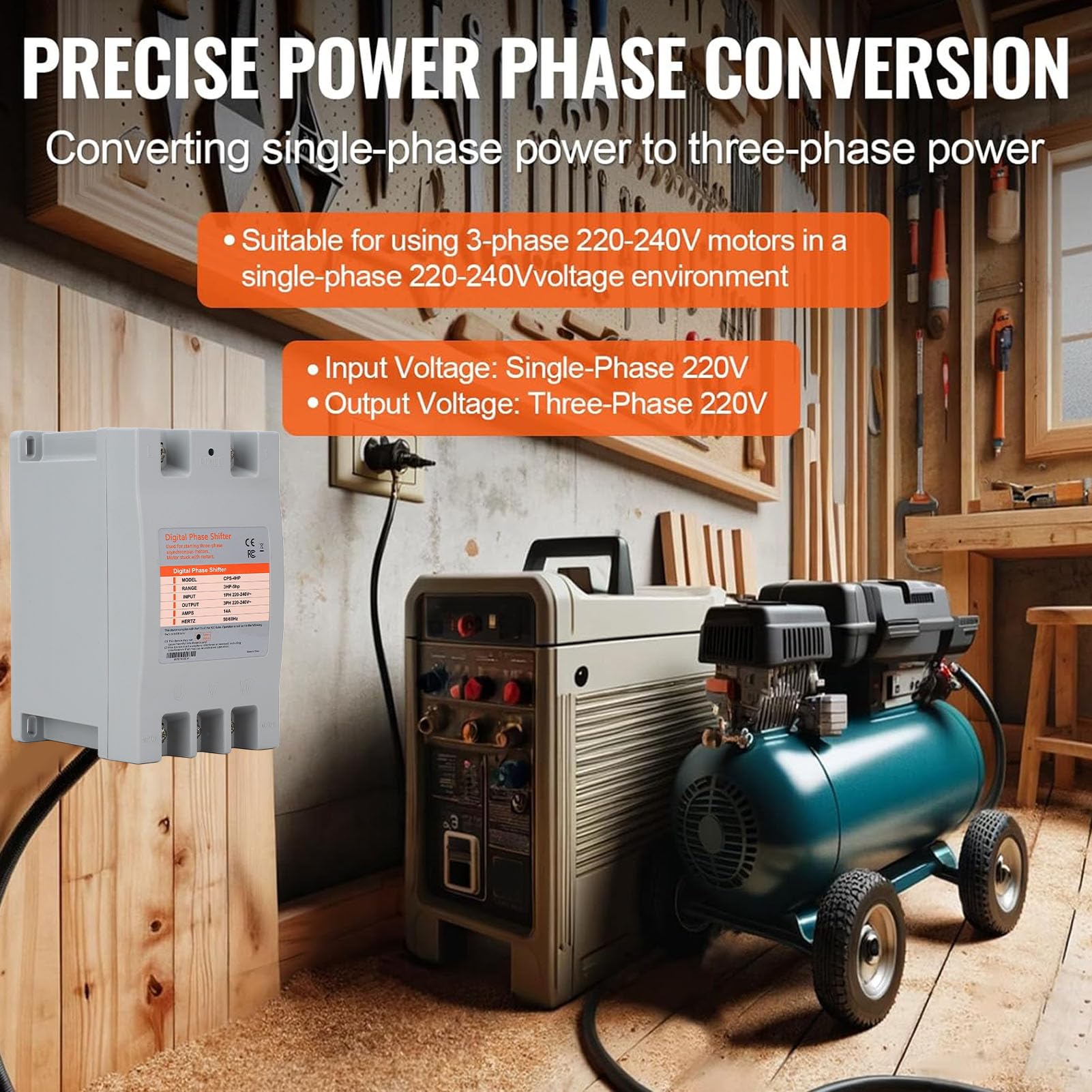 Convertitore di fase singolo a trifase, 2,5 a 3,7KW 14A 50 60Hz Sfasatore digitale ad alta efficienza, Convertitore di frequenza 3 a 5 cavalli